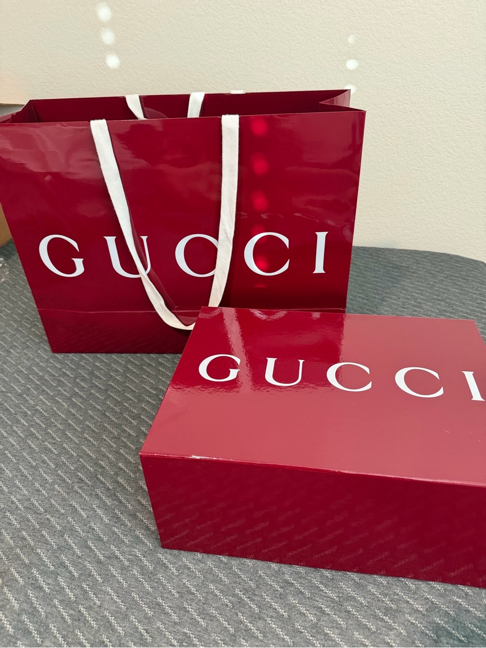 Gucci Burgundy Glossy Gift Box and Bag with White Logo